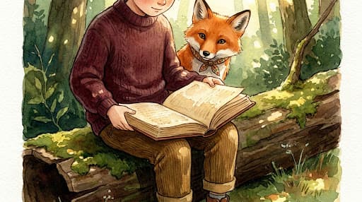 A watercolor of a child reading in a sun-dappled woodland glade, with a friendly fox peering over their shoulder at the pages.